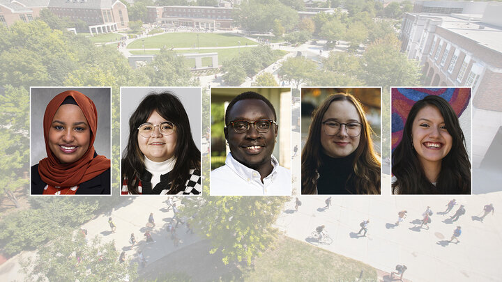 Photos of Reem Ahmed, Dulce Garcia, Tut Kailech, Anna Synya and Karla Hernandez Torrijos on a color campus background